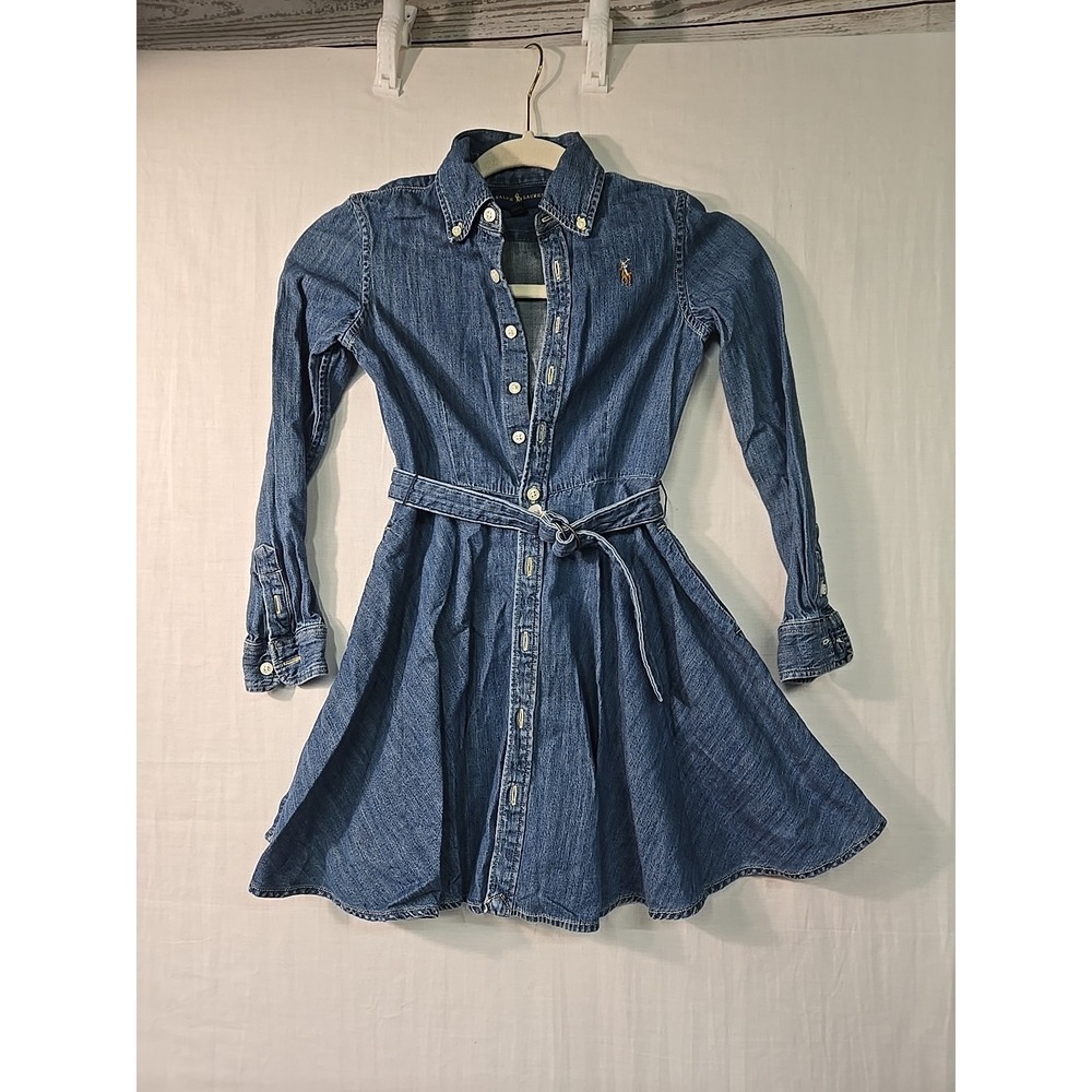 Polo Ralph Lauren Denim Long Sleeve Belted Dress Pockets Girls 7 Pony Button